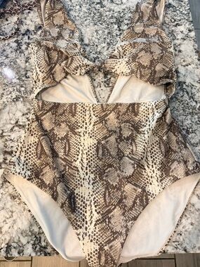 aerie Snake-Print One-Piece Swimsuit in Beige and Brown